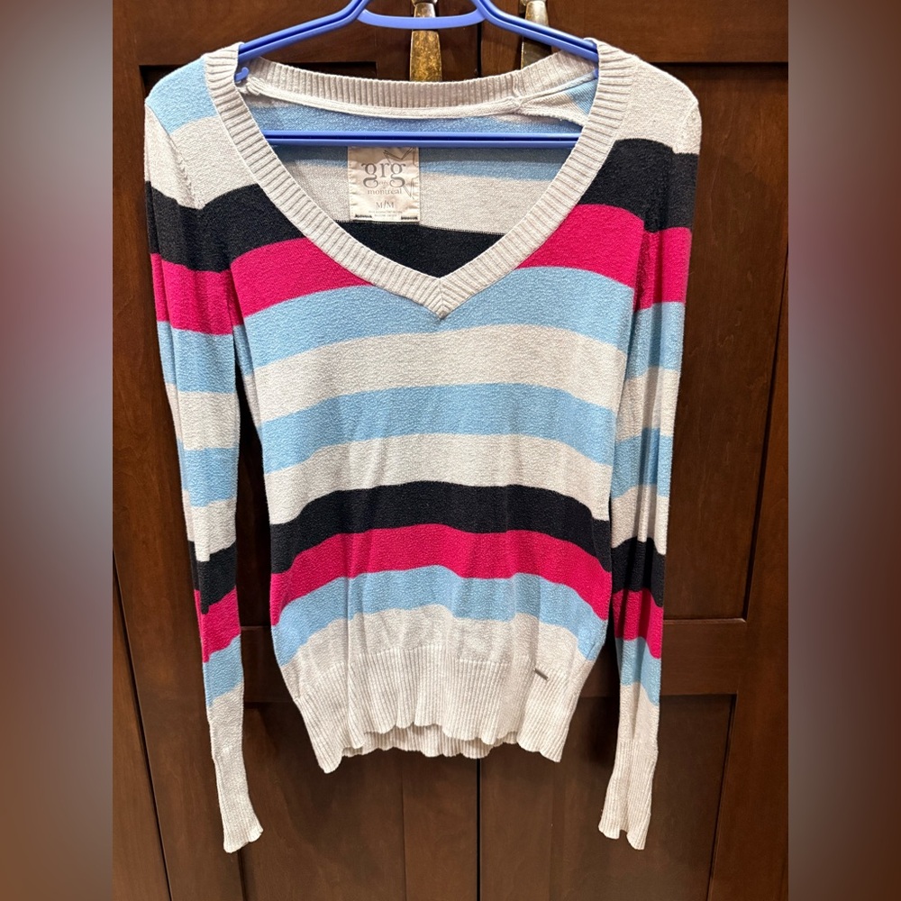 Striped V-Neck Sweater - Pink, Blue, Black, Cream